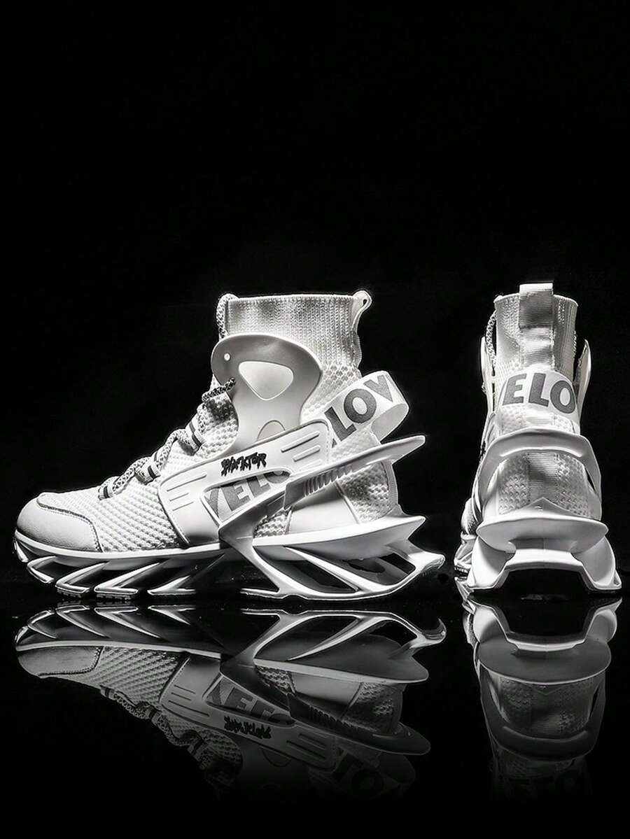 Nam Đồ họa Chữ cái High Top Mặt trước thắt dây Giày Chạy bộ , Thể thao Giày thể thao ngoài trời - trắng - Xem 1