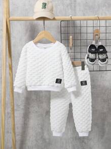 SHEIN 男嬰字母補丁細節套頭衫和運動褲 - 白色 - 查看 1