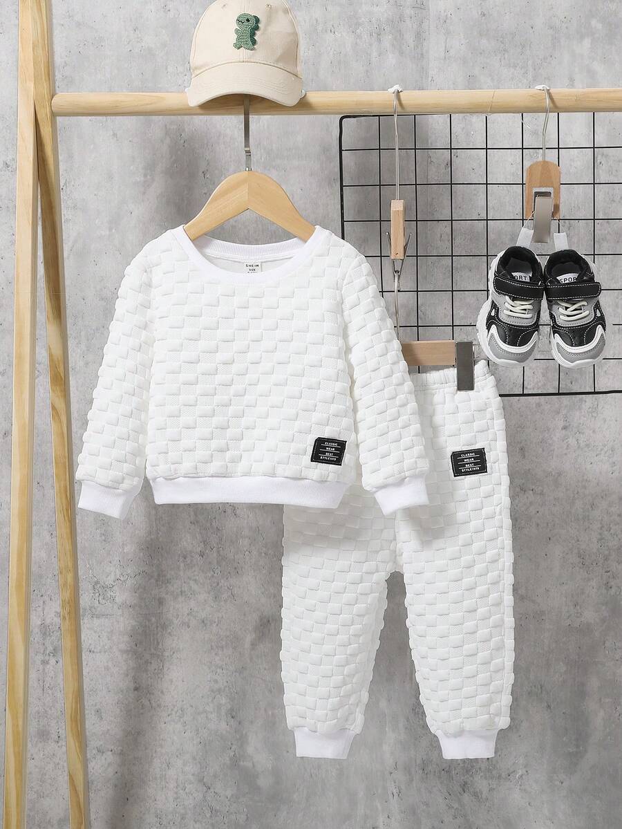 SHEIN 男嬰字母補丁細節套頭衫和運動褲 - 白色 - 查看 1