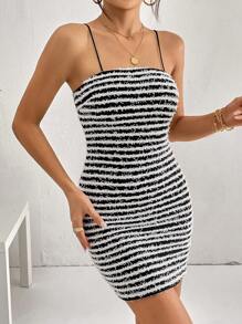 SHEIN Privé In sọc Váy Cami Bodycon - Đen và trắng - Xem 3