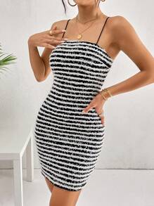 SHEIN Privé In sọc Váy Cami Bodycon - Đen và trắng - Xem 4