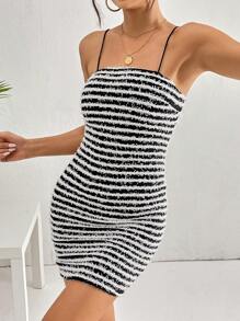 SHEIN Privé In sọc Váy Cami Bodycon - Đen và trắng - Xem 5