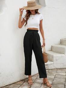 SHEIN Frenchy Paperbag Waist Knot Front Trousers - Black - View 1