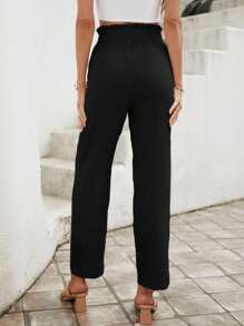 SHEIN Frenchy Paperbag Waist Knot Front Trousers - Black - View 2