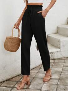 SHEIN Frenchy Paperbag Waist Knot Front Trousers - Black - View 3