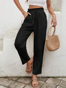 SHEIN Frenchy Paperbag Waist Knot Front Trousers - Black - View 4