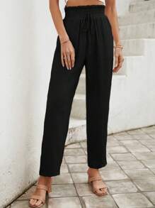 SHEIN Frenchy Paperbag Waist Knot Front Trousers - Black - View 5