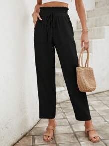 SHEIN Frenchy Paperbag Waist Knot Front Trousers - Black - View 6