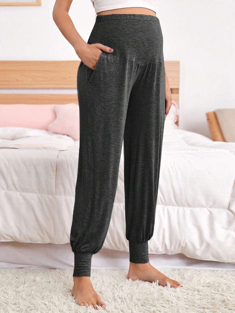 Pantalones de chándal de maternidad de cintura alta versátiles con cordón y bolsillos - Gris Oscuro - Ver 1