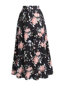 SHEIN Unity Plus Floral Print Flare Skirt - Black - View 1