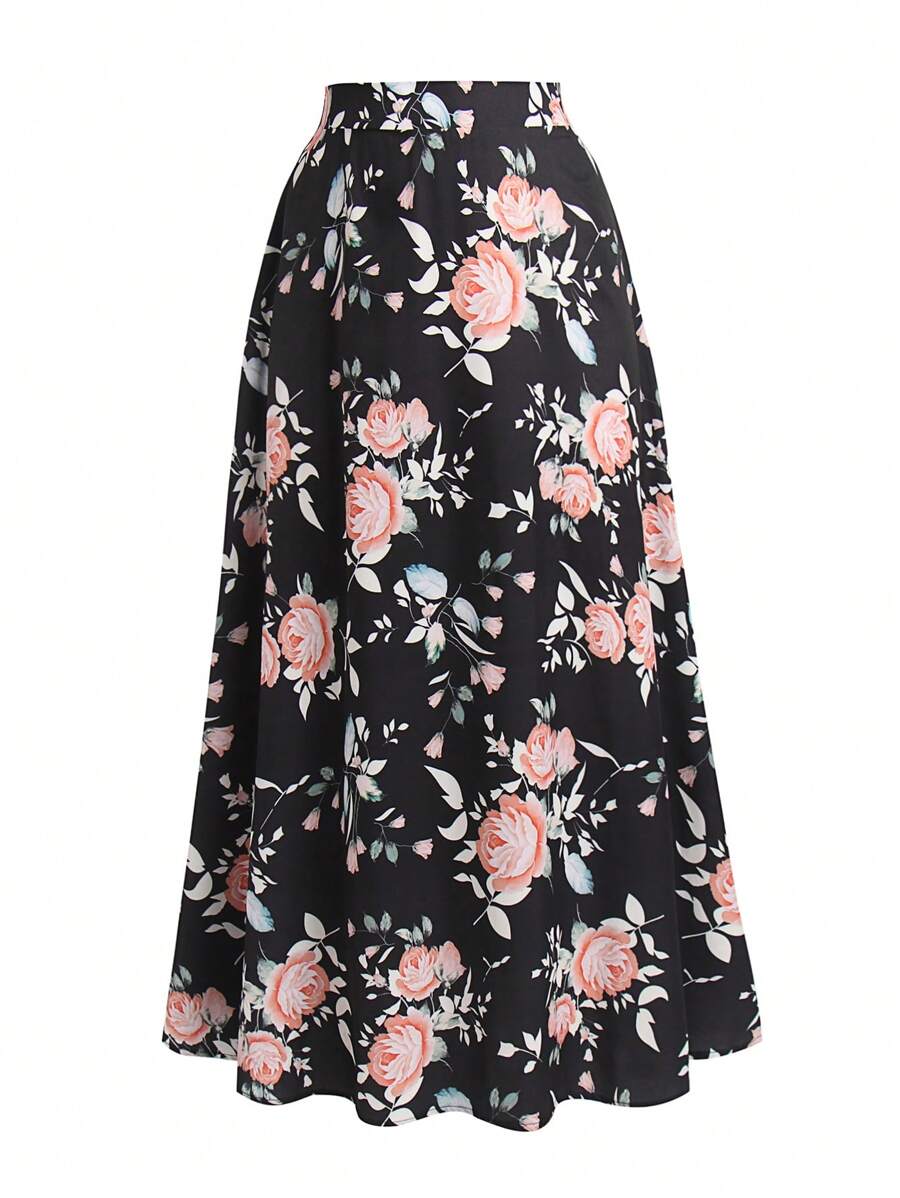 SHEIN Unity Plus Floral Print Flare Skirt - Black - View 1
