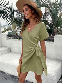 SHEIN VCAY Chất rắn Nút ven Váy quấn - Màu xanh Bạc hà - Xem 3