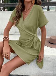 SHEIN VCAY Chất rắn Nút ven Váy quấn - Màu xanh Bạc hà - Xem 6