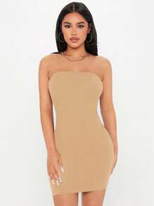 SHEIN PETITE Solid Tube Bodycon Dress - Khaki - View 1