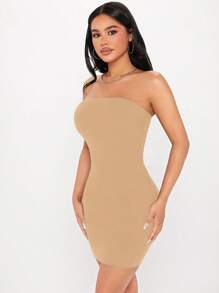 SHEIN PETITE Solid Tube Bodycon Dress - Khaki - View 3