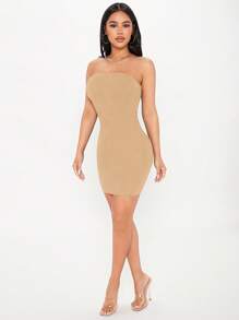 SHEIN PETITE Solid Tube Bodycon Dress - Khaki - View 4