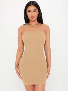 SHEIN PETITE Solid Tube Bodycon Dress - Khaki - View 5