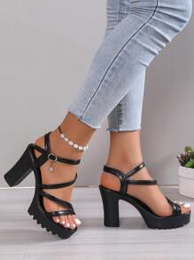 女士粗跟踝帶平底涼鞋,優雅夏天黑色高跟涼鞋 - 黑色 - 查看 1