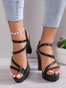 女士粗跟踝帶平底涼鞋,優雅夏天黑色高跟涼鞋 - 黑色 - 查看 5