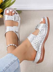 NỮ Kim loại Đồ trang trí khóa Dép Wedge Slide , Duyên dáng Mùa hè Dép xăng đan - Bạc - Xem 1