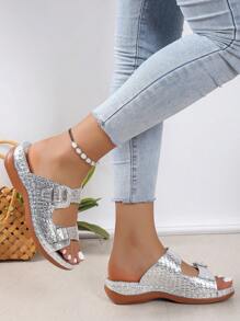 NỮ Kim loại Đồ trang trí khóa Dép Wedge Slide , Duyên dáng Mùa hè Dép xăng đan - Bạc - Xem 2