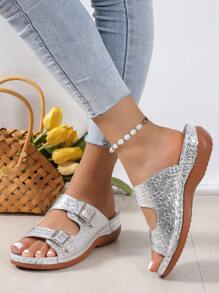 NỮ Kim loại Đồ trang trí khóa Dép Wedge Slide , Duyên dáng Mùa hè Dép xăng đan - Bạc - Xem 4