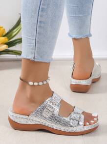 NỮ Kim loại Đồ trang trí khóa Dép Wedge Slide , Duyên dáng Mùa hè Dép xăng đan - Bạc - Xem 5