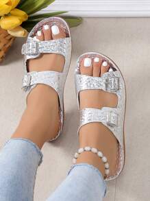 NỮ Kim loại Đồ trang trí khóa Dép Wedge Slide , Duyên dáng Mùa hè Dép xăng đan - Bạc - Xem 6