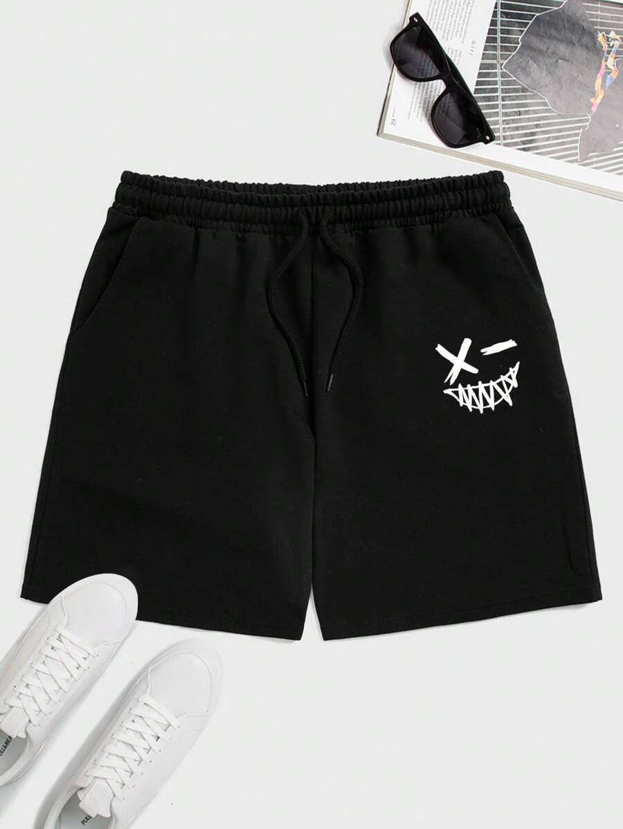RueChic Men Expression Print Drawstring Waist Shorts - Black - View 1