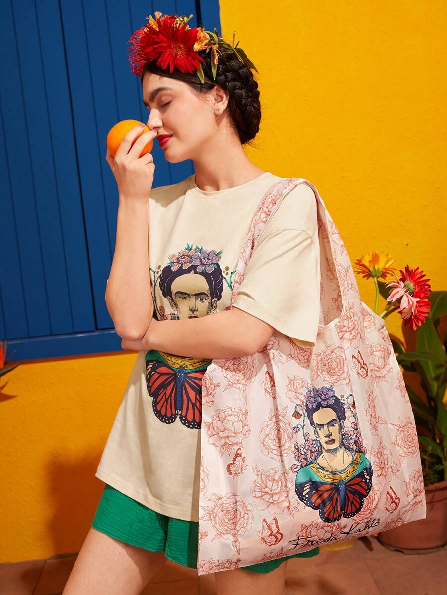 Frida Kahlo X SHEIN Large Shopper Bag Flower & Figure Pattern Double Handle For DailySchool Bag,Portable,Lightweight,Large Capacity, Suitable For Teen Girls Women College Students, Perfect For Back To School,First Day Of School,College,Outdoors, Travel, Outings,Shopping - Pink - View 1