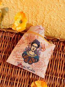 Frida Kahlo X SHEIN Large Shopper Bag Flower & Figure Pattern Double Handle For DailySchool Bag,Portable,Lightweight,Large Capacity, Suitable For Teen Girls Women College Students, Perfect For Back To School,First Day Of School,College,Outdoors, Travel, Outings,Shopping - Pink - View 3