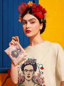 Frida Kahlo X SHEIN Large Shopper Bag Flower & Figure Pattern Double Handle For DailySchool Bag,Portable,Lightweight,Large Capacity, Suitable For Teen Girls Women College Students, Perfect For Back To School,First Day Of School,College,Outdoors, Travel, Outings,Shopping - Pink - View 5