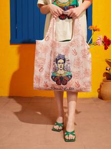 Frida Kahlo X SHEIN Large Shopper Bag Flower & Figure Pattern Double Handle For DailySchool Bag,Portable,Lightweight,Large Capacity, Suitable For Teen Girls Women College Students, Perfect For Back To School,First Day Of School,College,Outdoors, Travel, Outings,Shopping - Pink - View 6