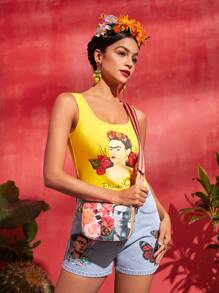 Frida Kahlo X SHEIN Bolso sillín mini flor & con patrón de figura con solapa - Rosa - Ver 7