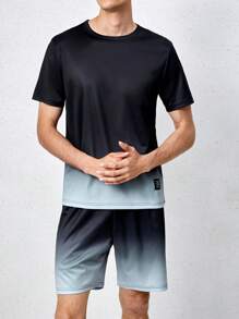 Men Ombre Print Letter Patched Detail PJ Set / Pajama Set - Black - View 1