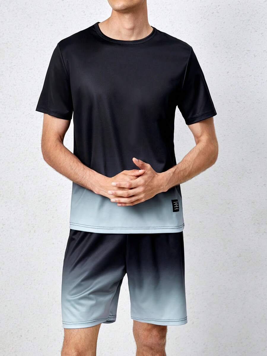 Men Ombre Print Letter Patched Detail PJ Set / Pajama Set - Black - View 1