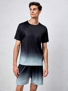 Men Ombre Print Letter Patched Detail PJ Set / Pajama Set - Black - View 4