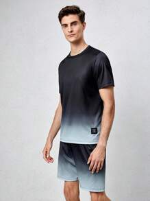 Men Ombre Print Letter Patched Detail PJ Set / Pajama Set - Black - View 5