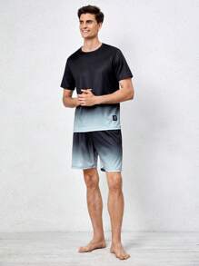 Men Ombre Print Letter Patched Detail PJ Set / Pajama Set - Black - View 7