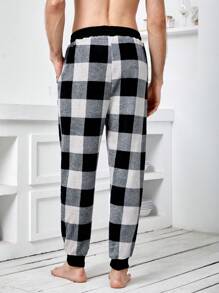 男士格紋印花腰部抽繩睡褲 - 黑與白 - 查看 2
