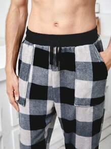 男士格紋印花腰部抽繩睡褲 - 黑與白 - 查看 4