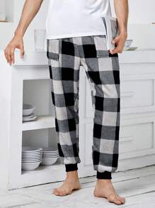 男士格紋印花腰部抽繩睡褲 - 黑與白 - 查看 5