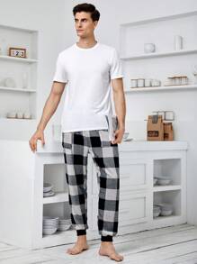 男士格紋印花腰部抽繩睡褲 - 黑與白 - 查看 7