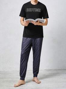 男士字母圖案T恤&滿版印花長褲睡衣套裝 - 彩色 - 查看 1