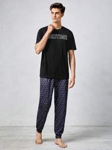 男士字母圖案T恤&滿版印花長褲睡衣套裝 - 彩色 - 查看 3