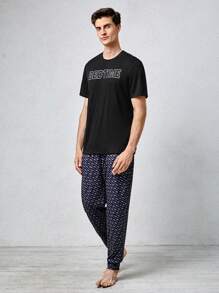 男士字母圖案T恤&滿版印花長褲睡衣套裝 - 彩色 - 查看 5