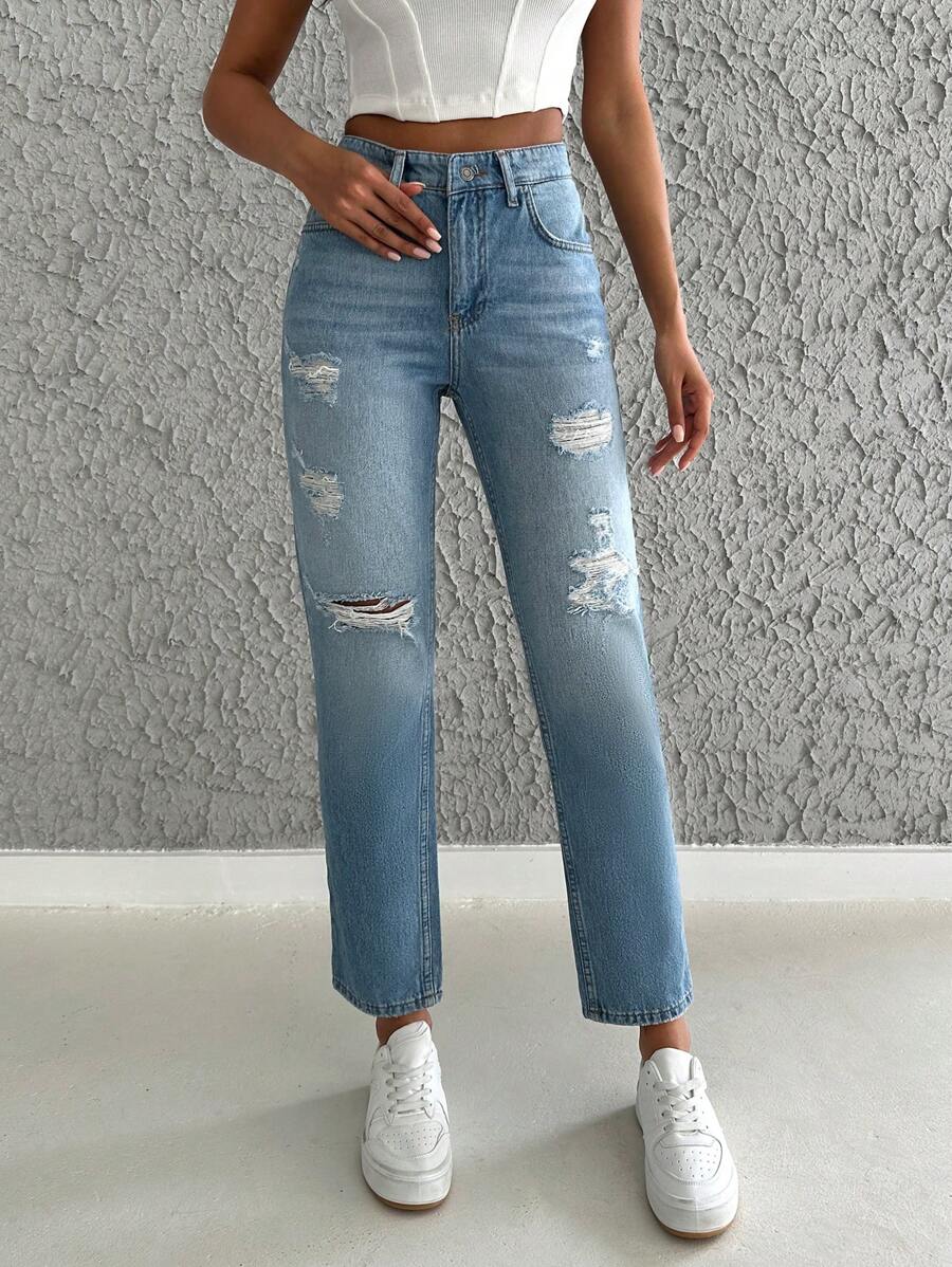 EURMUSE Ripped Straight Leg Jeans - Light Wash - View 1