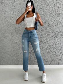 EURMUSE Ripped Straight Leg Jeans - Light Wash - View 3