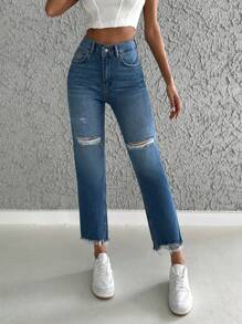 RueChic Ripped Raw Hem Straight Leg Jeans - Dark Wash - View 1