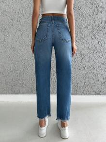 RueChic Ripped Raw Hem Straight Leg Jeans - Dark Wash - View 2